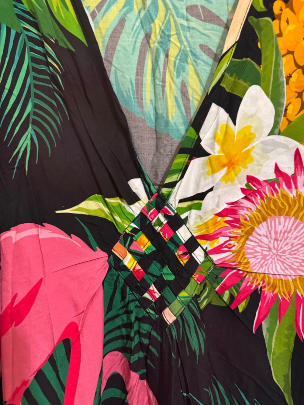 Kaftan Tropical Flamingo Black Maxi Dress V-Neck Diamond Weave Detail One Size - Picture 5 of 10